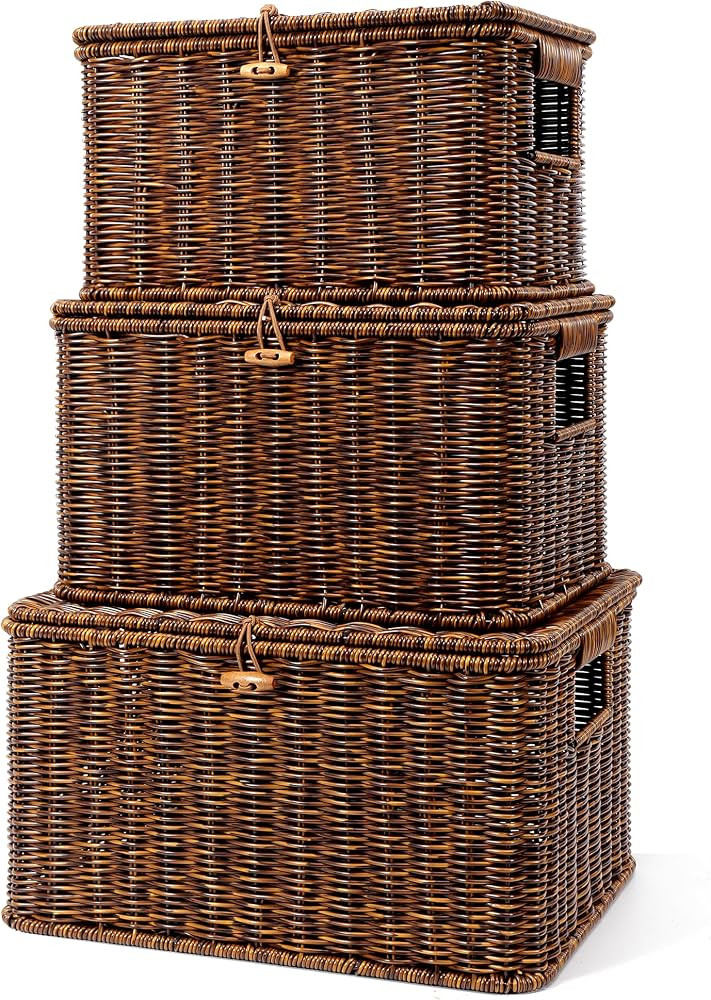 Nonam Wicker Storage Basket With lid, Large Stackable Plastic Bin, Brown     Boho Decor, Lidded S... | Amazon (US)