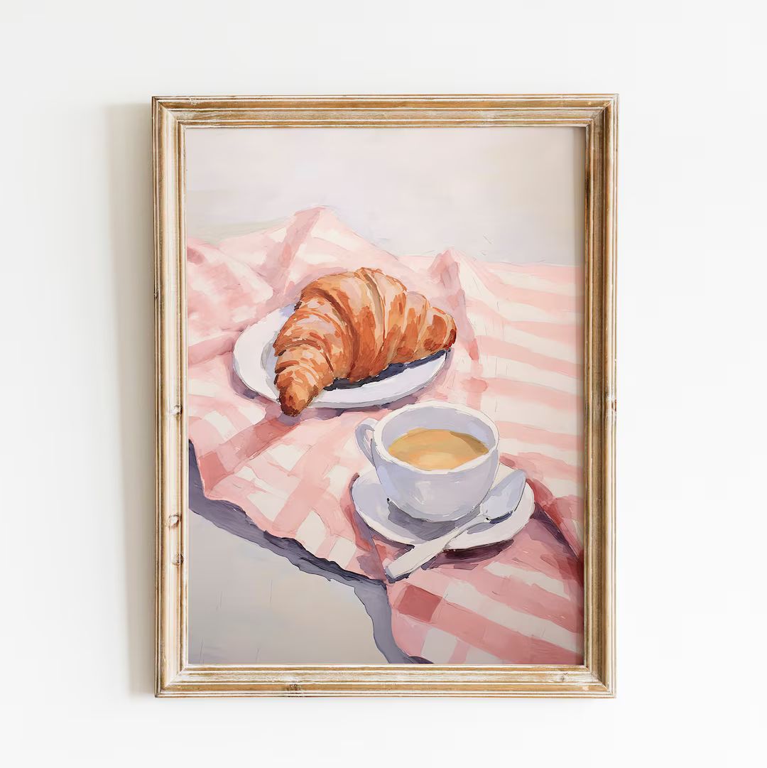 Pink Aesthetic Apartment Wall Art, Croissant Kitchen Pastel Painting Print, Trendy French Grandmi... | Etsy (UK)