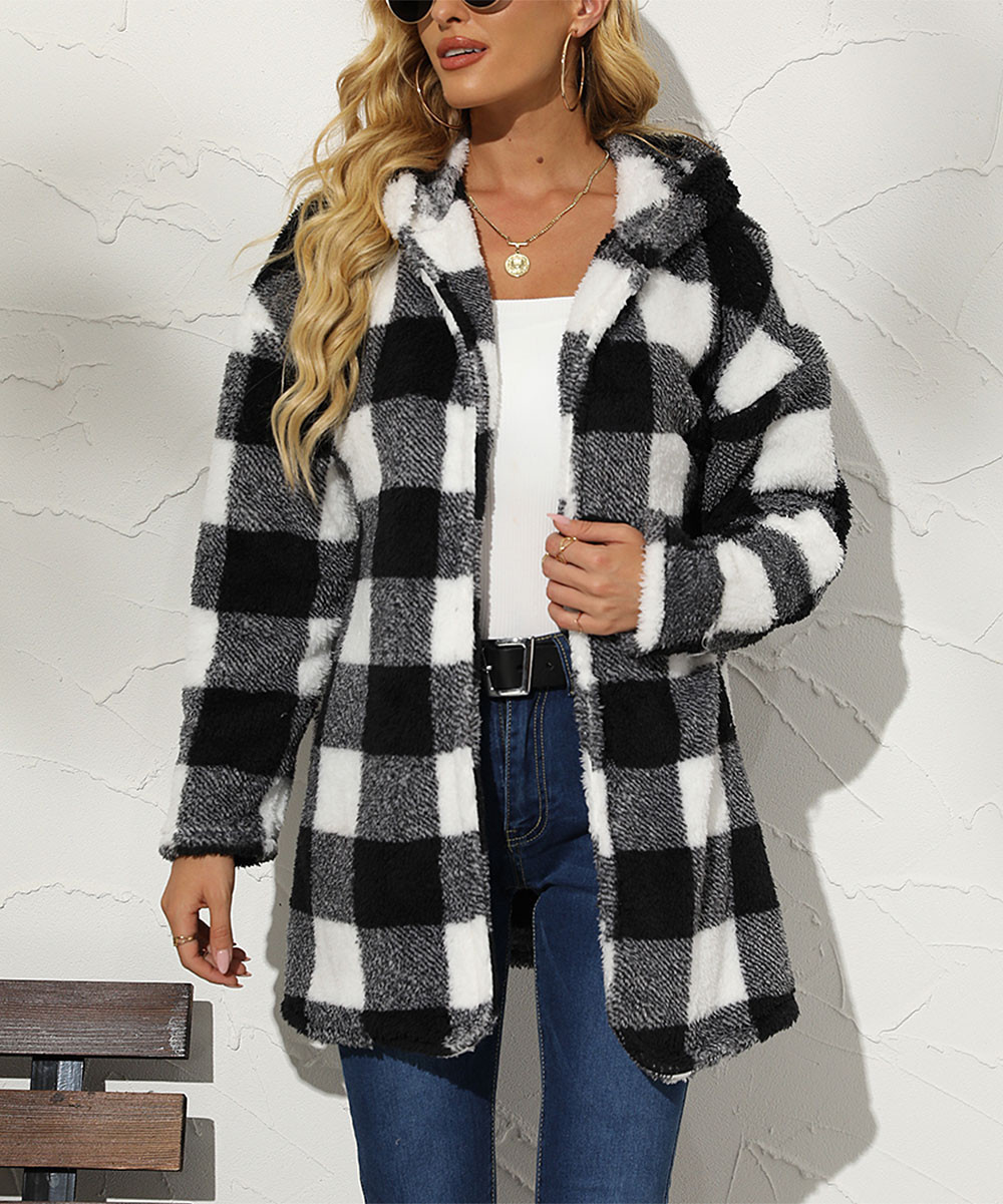 Romantichut Women's Pea Coats black - Black & White Buffalo Check Hooded Teddy Coat - Women | Zulily