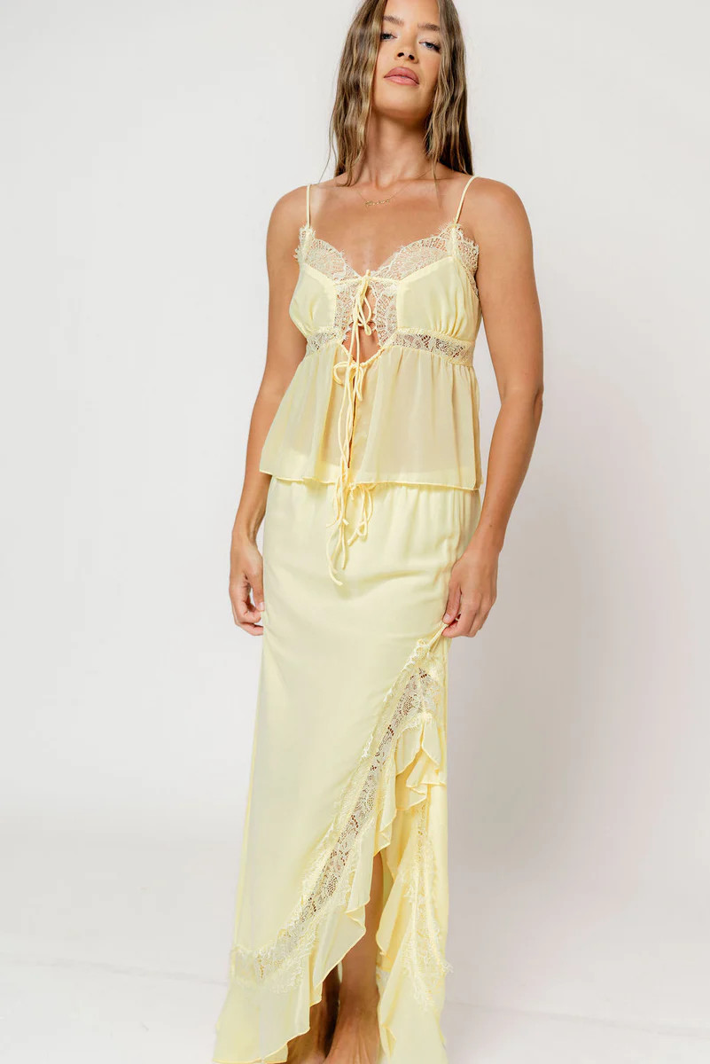 Kristian Lace Trim Front Tie Top and Side Split Maxi Skirt Set in Lemo | Worth Collective
