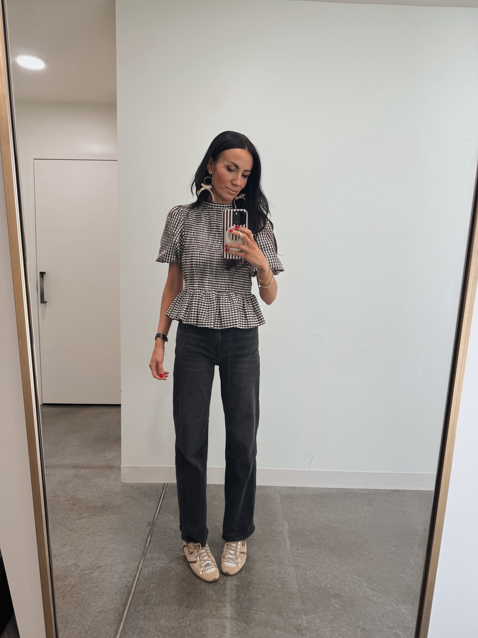 $50 jeans fit tts. My top is also super affordable and I grabbed her and the shoes while in Paris. The bow earrings are under $40 and super lightweight 