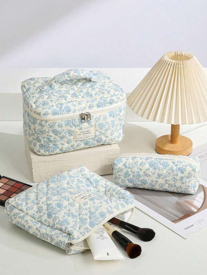 3 Pcs Foam Quilted Makeup Bag,Cute Women's Cosmetic Bag, Flower Aesthetic Print Pattern Cosmetic ... | SHEIN
