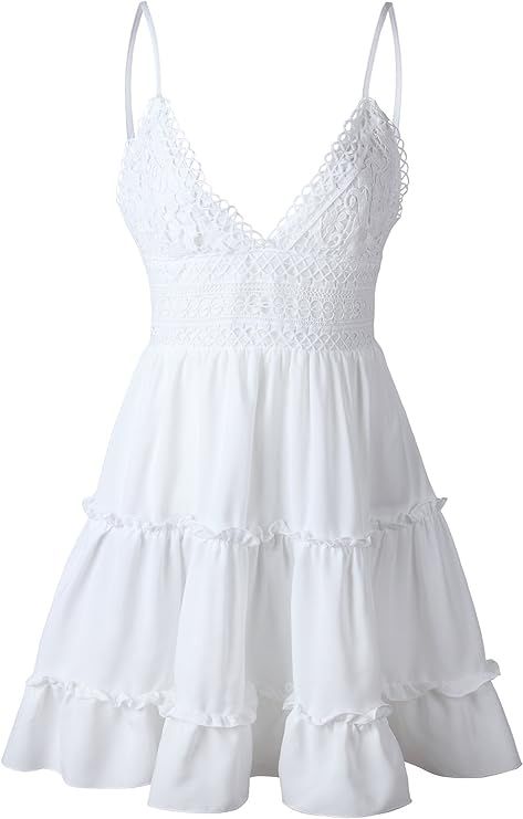 ECOWISH Womens V-Neck Spaghetti Strap Bowknot Backless Sleeveless Lace Mini Swing Skater Dress | Amazon (US)