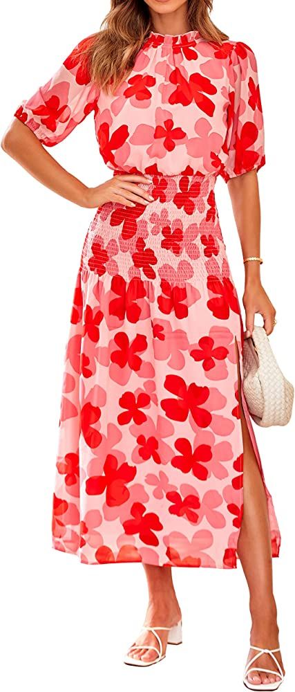 PRETTYGARDEN Women Summer Casual Ruffle Mock Neck Dress 2023 Short Sleeve Smocked Slit Boho Flora... | Amazon (US)