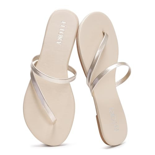 FITORY Womens Flip Flops, Strappy Open Toe Flat Sandals for Summer 2026, Lightweight and Comfortable Slides for Beach and Casual Walking, Indoor and Outdoor Champagne Size 10 | Amazon (US)