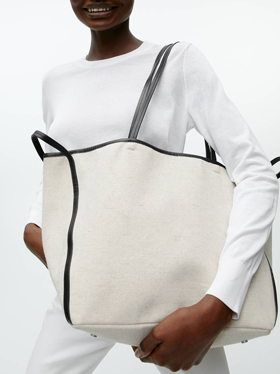 Leather Detailed Linen Tote - Off White/Black - ARKET PL | ARKET (US&UK)