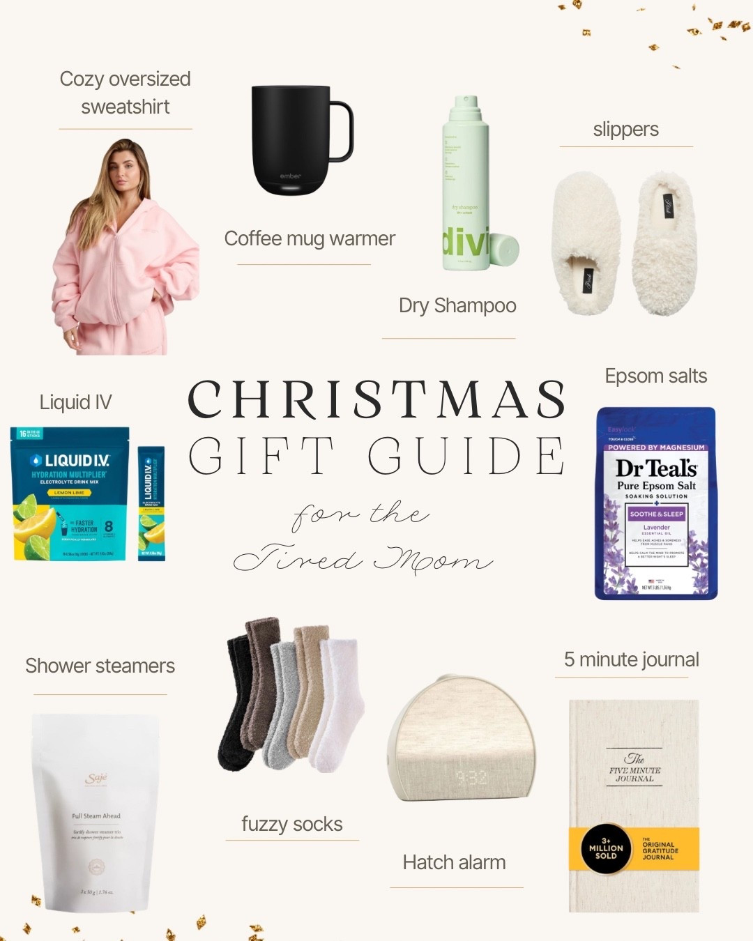 Real items that moms actually use daily:

Cozy oversized sweatshirt
Coffee mug warmer
Hatch Restore or sunrise alarm
Dr. Teal’s Epsom salts
Dry shampoo 2-pack
Plush socks
Shower steamers
5-minute journal
Fuzzy slipper dupes
Liquid IV or hydration sticks

Gifts moms ACTUALLY want… not another candle 😭🎁