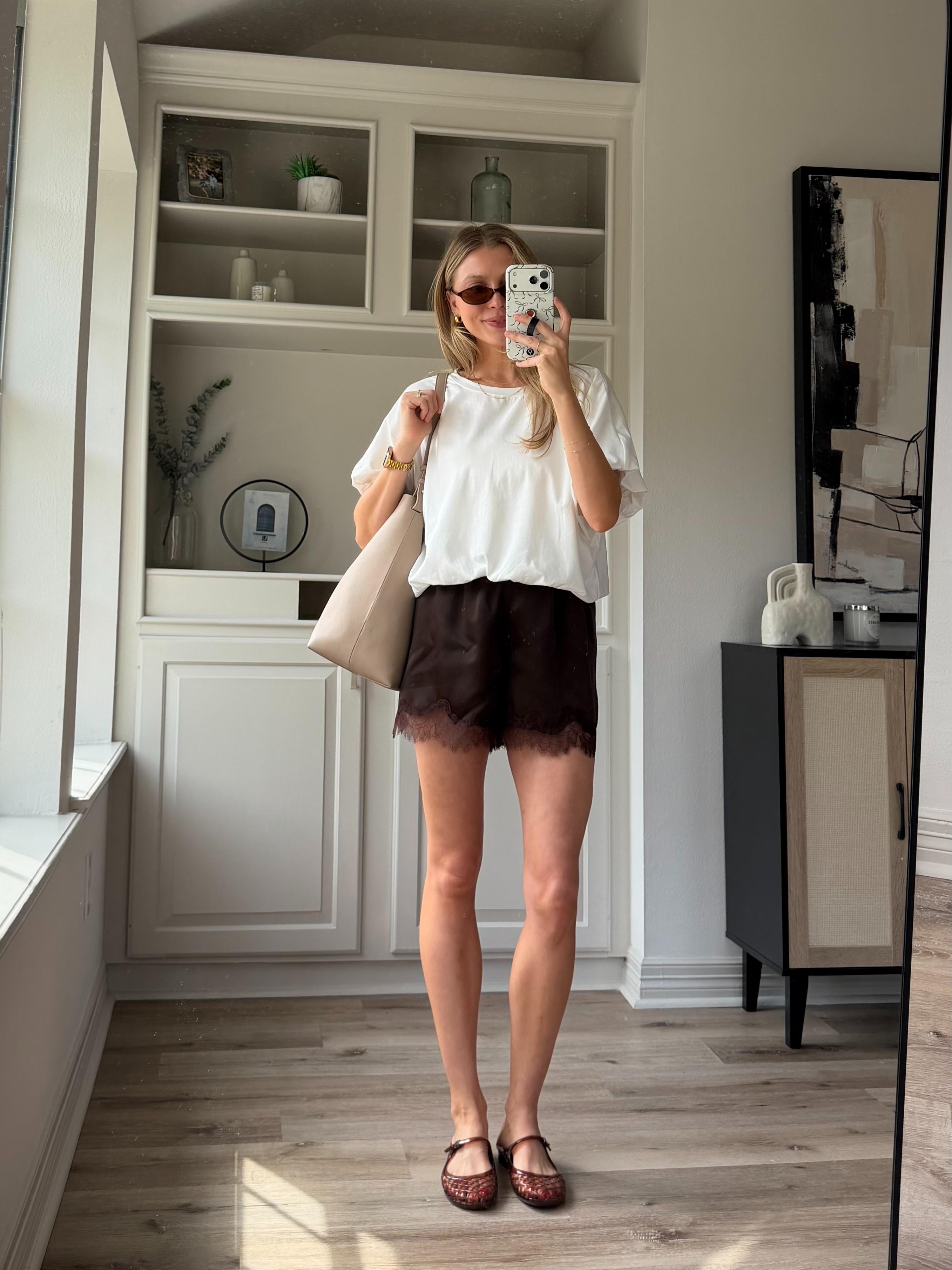 Cute chic everyday mom outfit inspo! Wearing S in white bubble tee and S lace shorts  

 