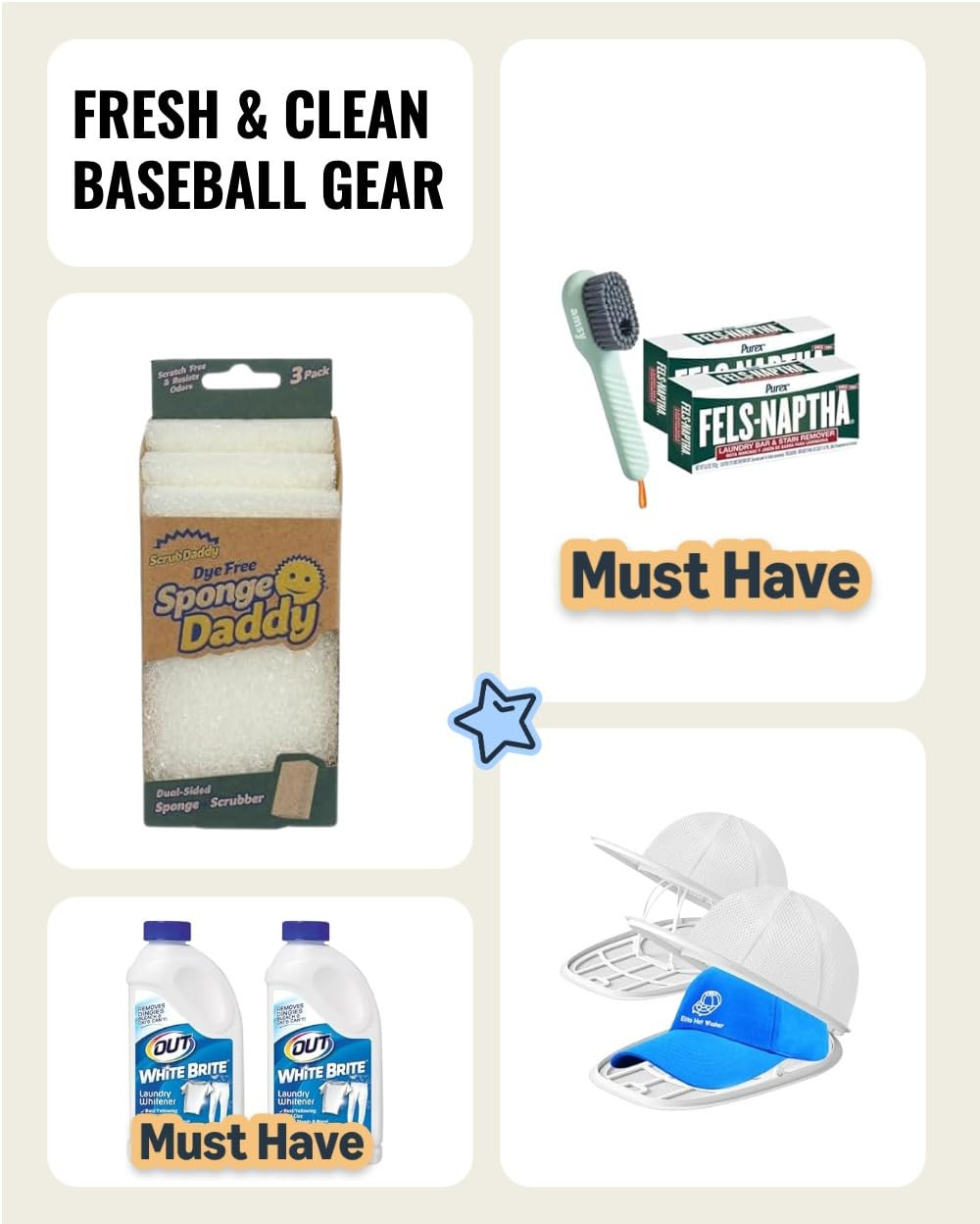 Keeping baseball gear clean all season long takes work (and a power washer sometimes) but these essential cleaning items will help you keep your cool all season long! 

Here are the steps I take to clean my son's white pants and to keep them spotless!  

Step 1: Wet the white pants 
Step 2: Scrub the pants using a scrubby sponge (such as here) and Fels-Naptha soap on all of the stains.
Step 3: Soak in water with the Out White Brite.  STEP AWAY from the sink or bucket when adding water to the cleaner as it makes a big cloud you probably don't want to breathe in.
Step 4: Allow top soak a few hours or a few days- up to you.
Step 5: Put in washing machine on warm to wash with a bit more of the Out White Brite and I usually do pre soak.  
Step 6: After that I usually run it through a normal wash cycle with either no detergent or just the regular detergent I use to clean clothes. 

 #LTKSeasonal #LTKHome #LTKFamily