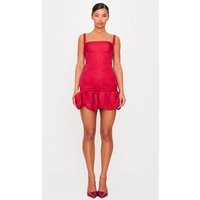 Cherry Red Jacquard Puff Ball Hem Mini Dress | PrettyLittleThing US