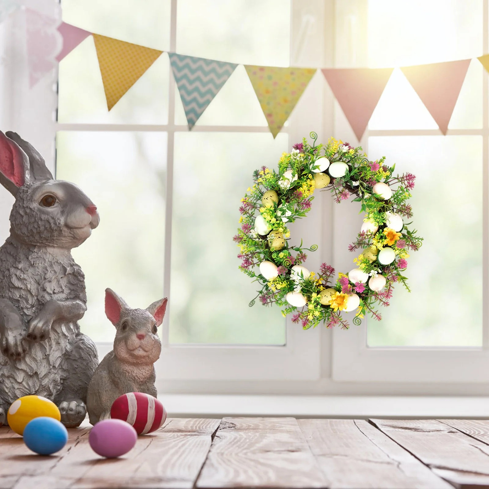 AYKHKYA 16" Spring Wreath with Flowers, Eggs, Green Leaves and Twine, Easter Wreath Hanging on Ho... | Walmart (US)
