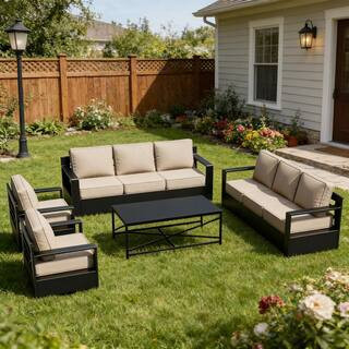 Black 5-Piece Aluminum 8-Seat Outdoor Patio Conversation Set with 2-Swivel Chairs, two 3-seat Sofas, Beige Cushions | The Home Depot