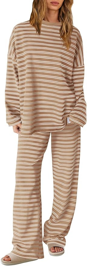 SENSERISE Womens Striped Lounge Set 2 Piece Outfits Striped Long Sleeve Shirt Wide Leg Pants Paja... | Amazon (US)