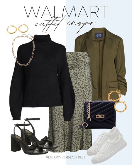 Walmart has new arrivals and they are fantastic! I'm loving this outfit inspo! Go from work to play with the change of your shoes! You can snag all of these affordable pieces from Walmart right now! 

Walmart fashion, olive blazer, black sweater, green slip skirt, black handbag, white sneakers, black block heels, gold jewelry

#LTKstyletip #LTKworkwear #LTKfindsunder50