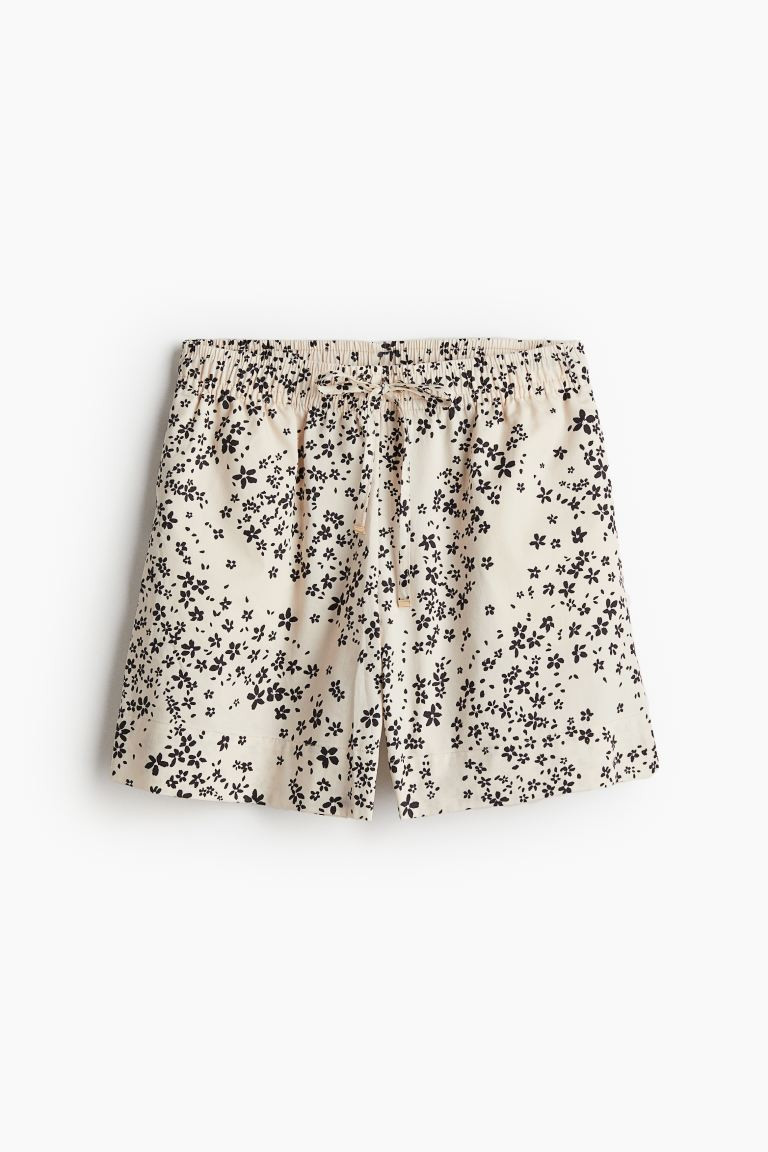 Cotton pull-on shorts - High waist - Short - Light beige/Floral - Ladies | H&M GB | H&M (UK, MY, IN, SG, PH, TW, HK)