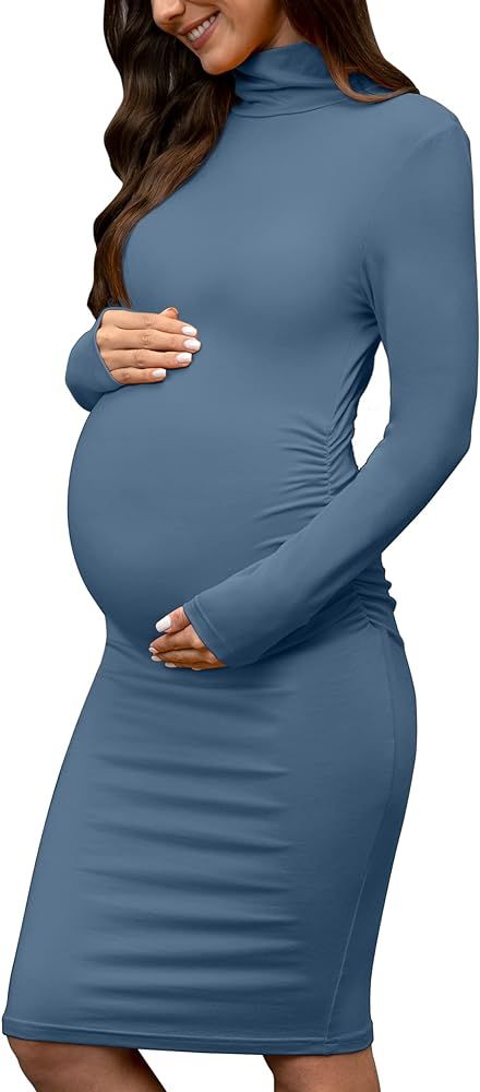 abkylie Turtleneck Long Sleeve Maternity Dress with Side Ruched/Knee Length Pregnancy Dress Fall ... | Amazon (US)