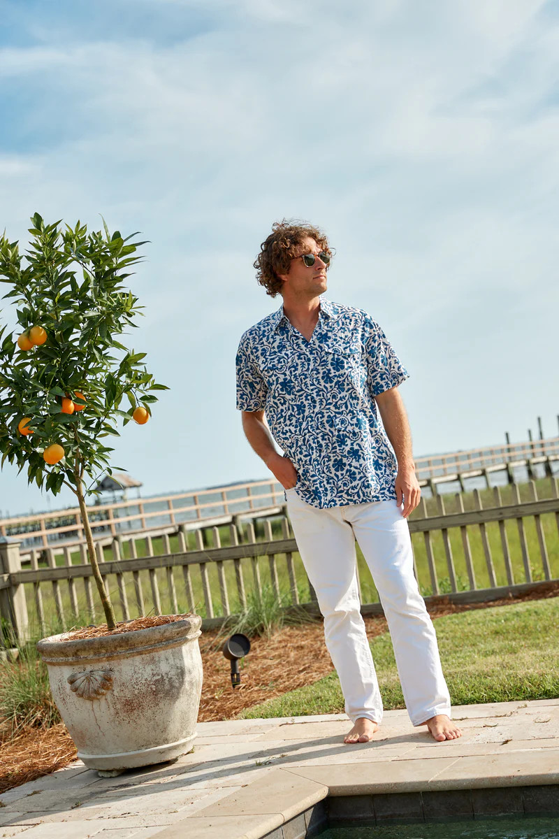 SS Cabana Shirt | Navy/White Victorian Frieze | SUE SARTOR