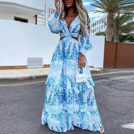 ClodeEU Women Fashion Casual Long Sleeve V-Neck Printing Hollow Out Long Dress Blue 4(S) | Walmart (US)