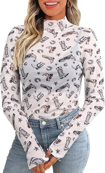 Western Mesh Top Women See Through Cowboy Shirt Mock Neck Country Concert Outfits Layering Sheer ... | Amazon (US)