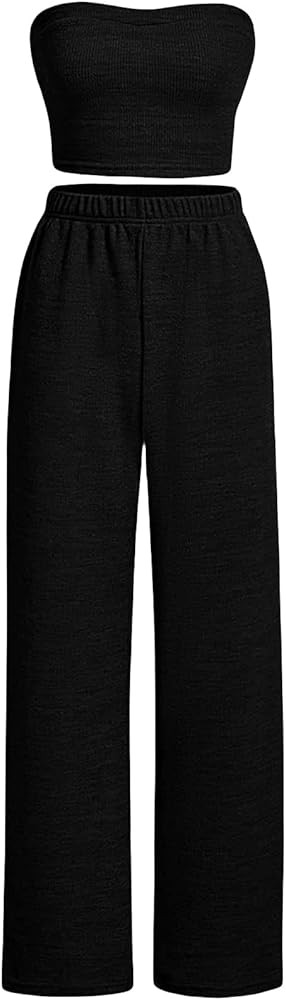 Floerns Women's 2 Piece Outfit Bandeau Crop Tube Top and Wide Leg Pants Set | Amazon (US)