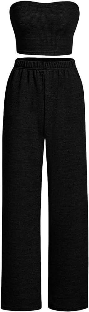 Floerns Women's 2 Piece Outfit Bandeau Crop Tube Top and Wide Leg Pants Set | Amazon (US)