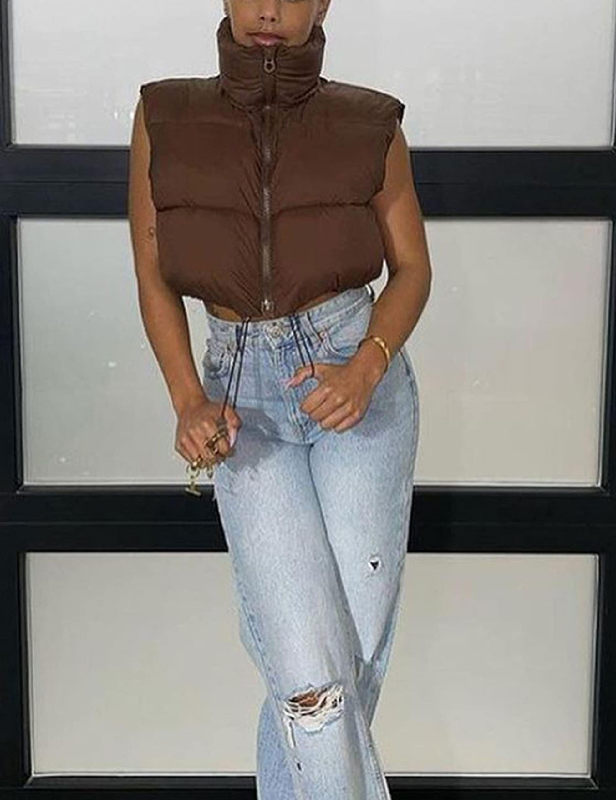 Shiyifa Women's Fashion High Neck Zipper Cropped Puffer Vest Jacket Coat | Amazon (US)