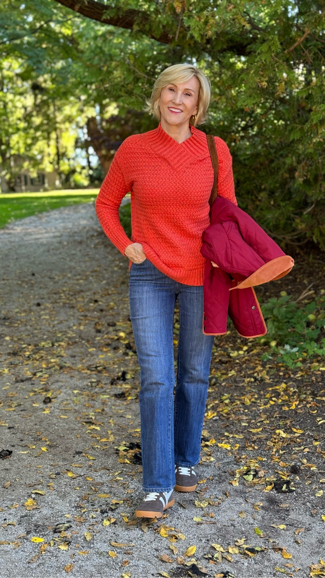 When you’re wearing a bold knit, keep the rest easy. ✨ I love pairing this orange chunky Talbots sweater with lived-in denim, retro sneakers, and a barn jacket for balance. Cozy up top, classic down low, and effortless all around.

#LTKSeasonal #LTKOver40 #LTKootd