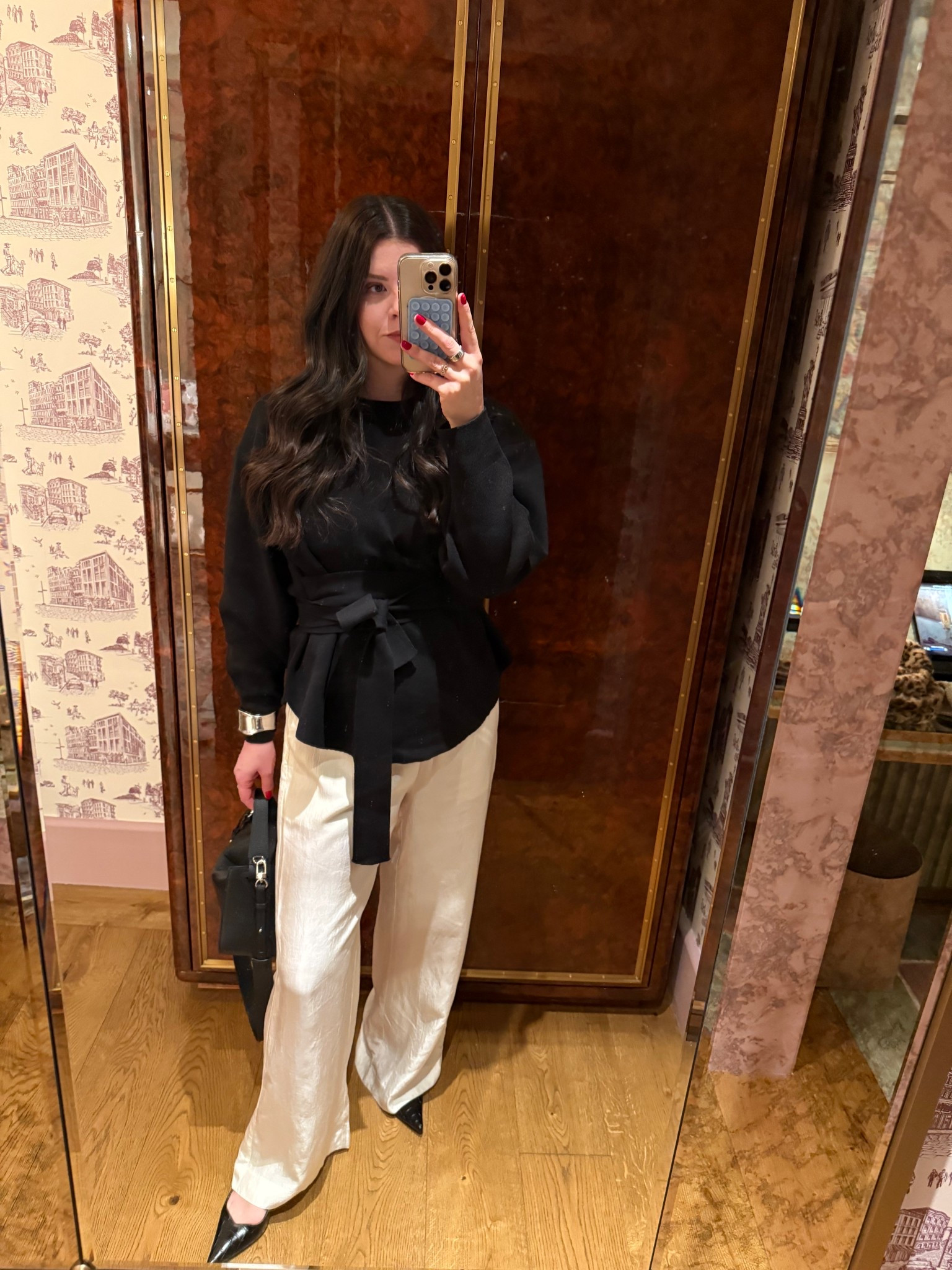 Saturday night outfit. Wrap sweater, satin pants, kitten heels, silver bangle

#LTKootd