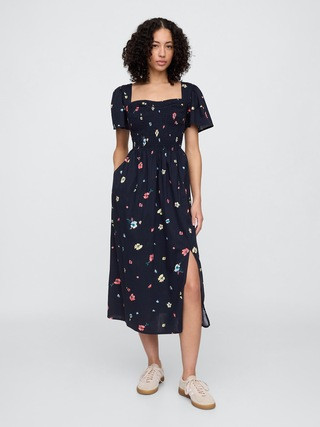 Print Smocked Puff Sleeve Midi Dress | Gap Factory
