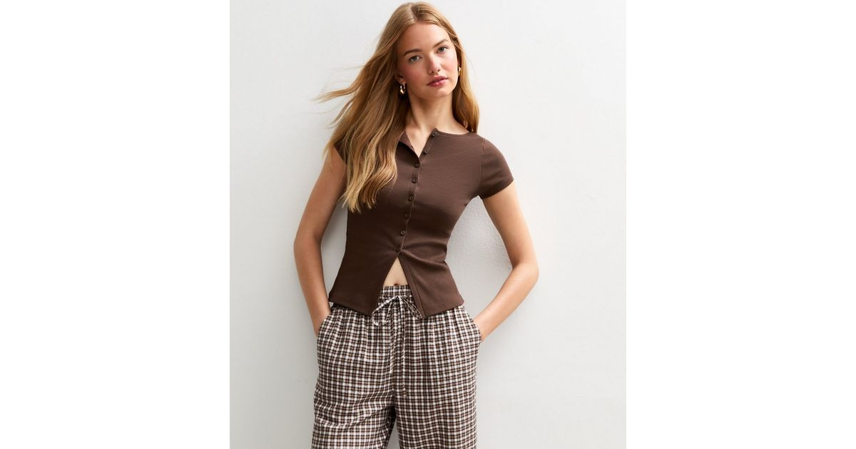 Brown Ribbed Button Up Baby Tee | New Look | New Look (UK)