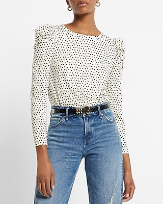 Polka Dot Sheen Jersey Long Sleeve Puff Shoulder Top | Express