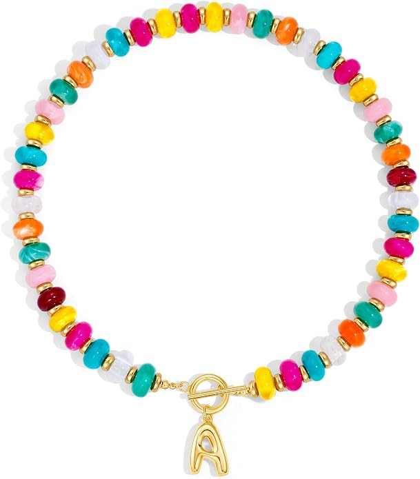 NIKOLUX Colorful Initial Necklaces for Women Chunky Resin Beaded Toggle Necklace 14K Gold Plated ... | Amazon (US)