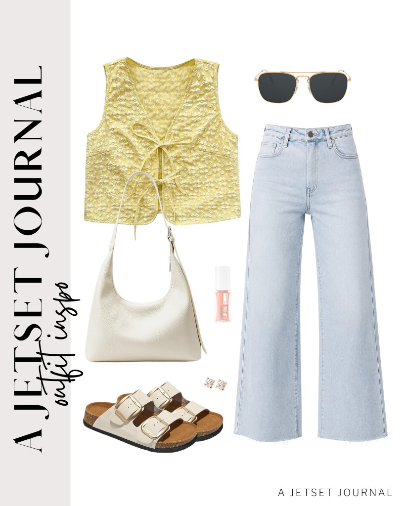Brighten up the day with this yellow tie-front tank top from SHENHE paired with wide-leg jeans from Allimy. I now know why everyone’s obsessed with Project Cloud’s flat sandals, and they're perfect for this fit, too. Neutrogena Hydro Boost Lip Oil is a perfect way to complete the look. 

#LTKSeasonal #LTKSaleAlert #LTKTravel
 

 
