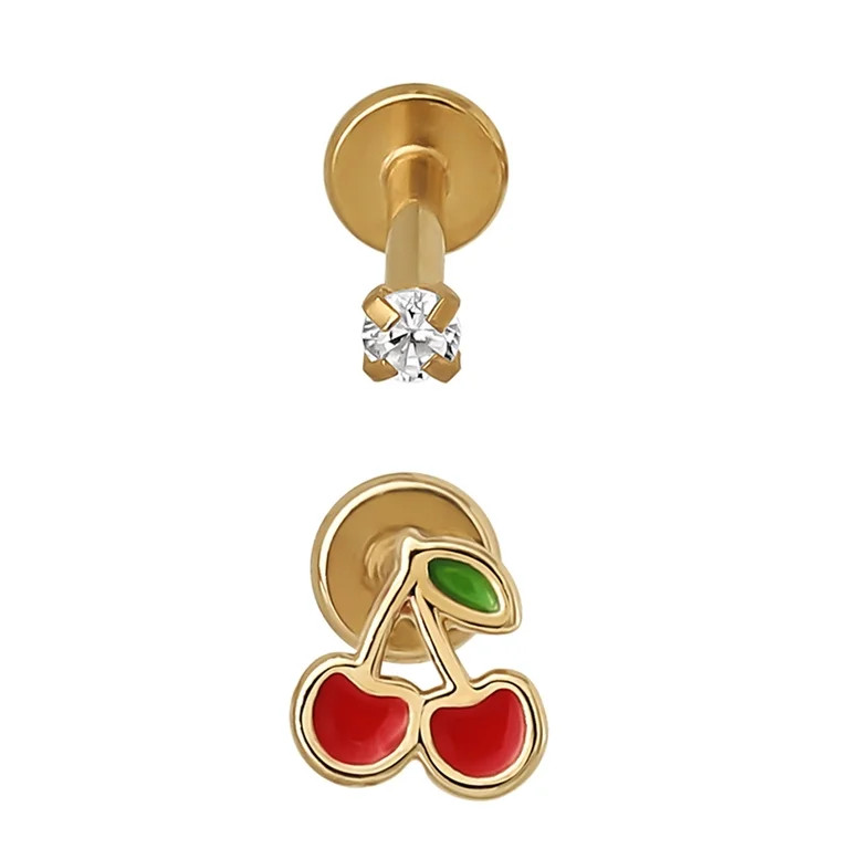 No Boundaries Women's Gold Tone Stainless Steel Cherry and Cubic Zirconia Flatback Cartilage Earr... | Walmart (US)