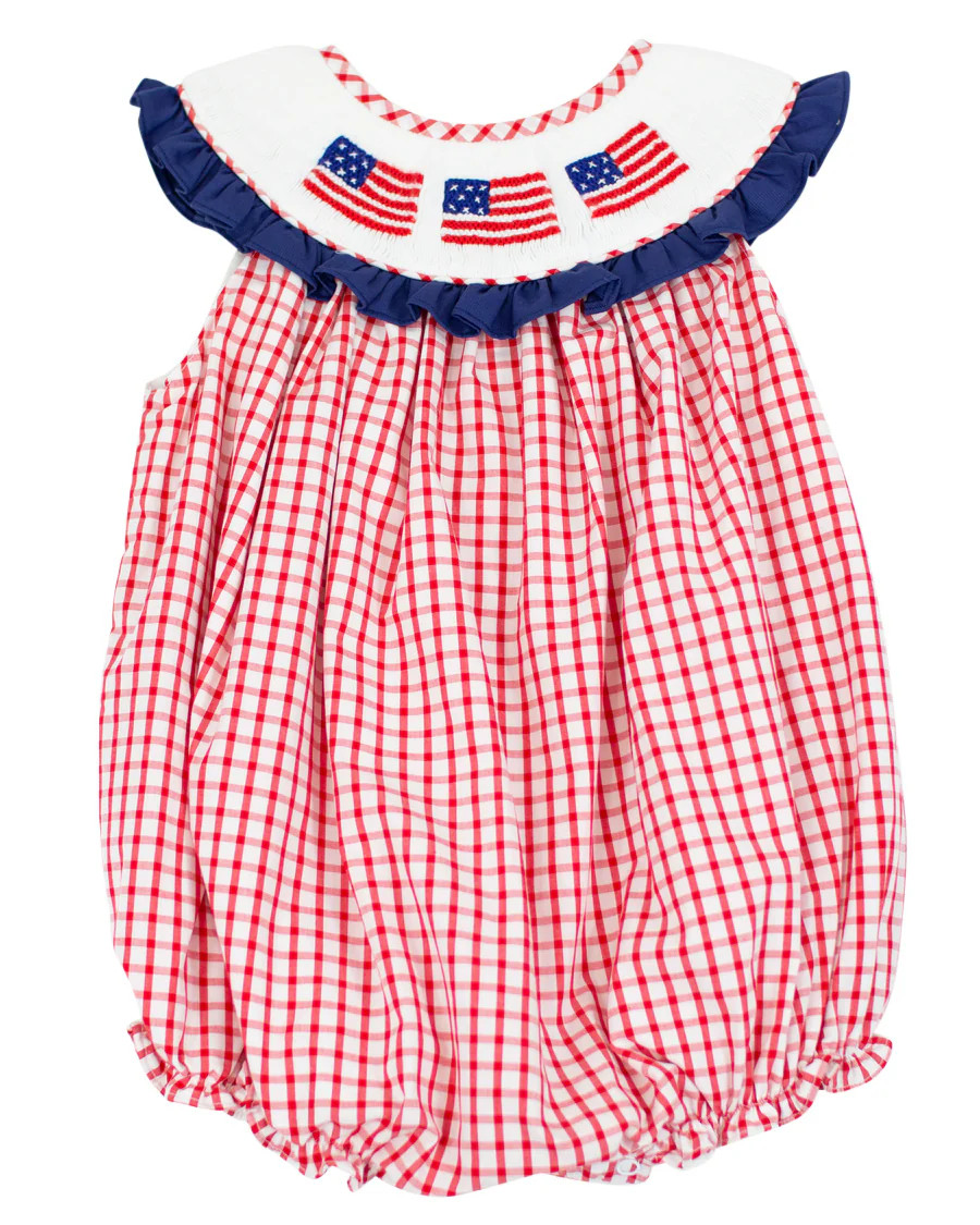 Flags Smocked Red Windowpane Girl Bubble | Smockingbird Kids