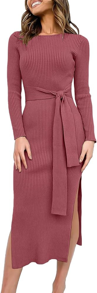 ANRABESS Womens Long Sleeve Sweater Dress Crew Neck Slim Fit Slit Tie Waist 2024 Ribbed Knit Body... | Amazon (US)