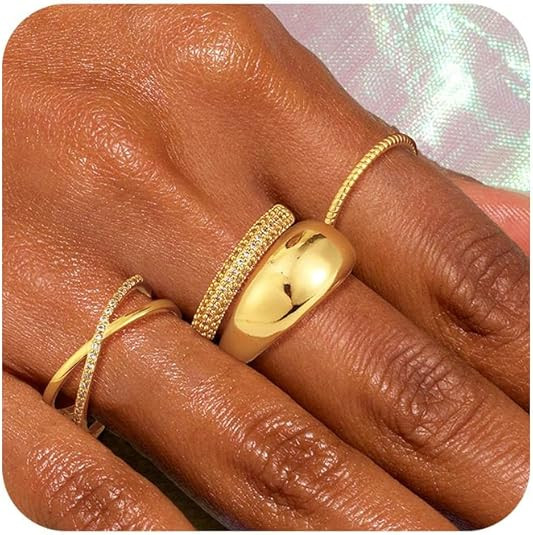 Gold Band Rings for Women Stackable Non Tarnish 14K Gold Plated Chunky Rings Set Cubic Zirconia T... | Amazon (US)