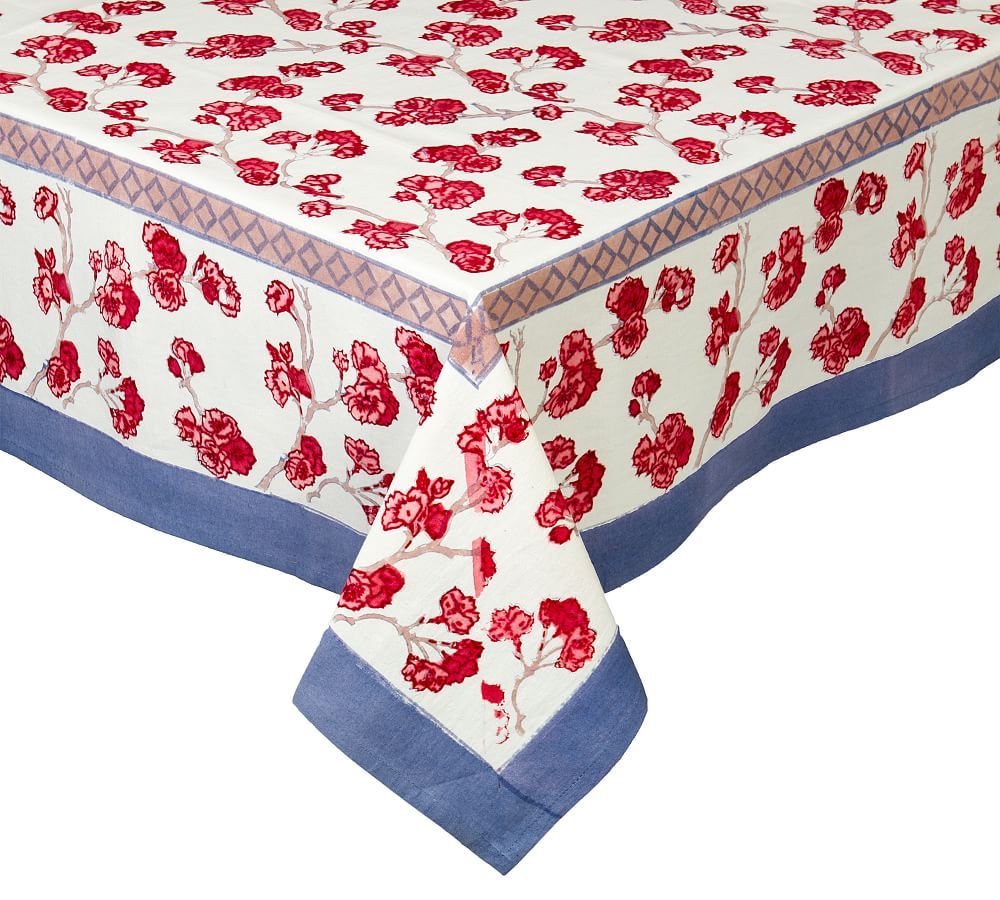 Cherry Blossom Trellis Block Print Cotton Tablecloth | Pottery Barn (US)