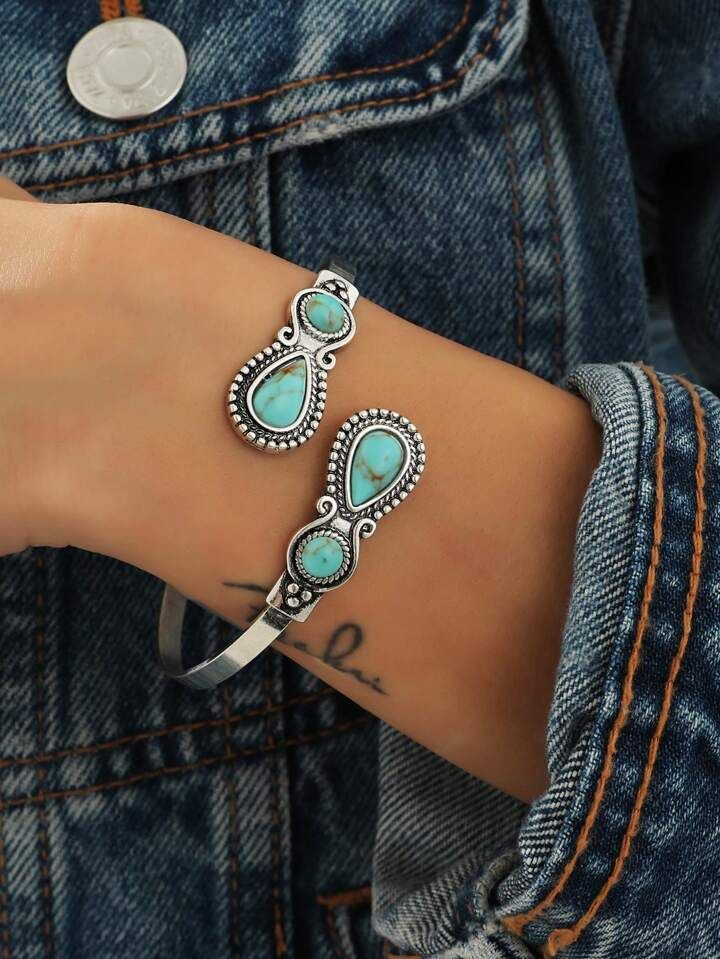 1pc Western Turquoise Stone Antique Cuff Bangle Bracelet For Women | SHEIN