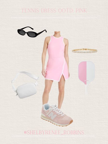 Pink tennis dress outfit, pink athleisure, pink pickle ball outfit, active dress, casual ootd, active style, trending sunglasses, pink new balance shoes, white belt bag, gold tennis bracelet 

#LTKActive #LTKStyleTip #LTKFitness