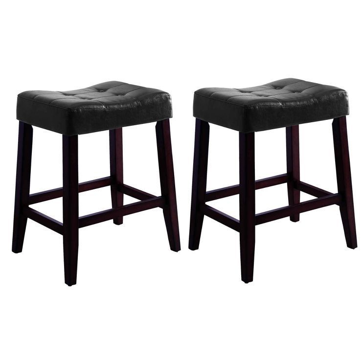 Set of 2 Wooden Stools with Saddle Seat and Button Tufts Brown/Black - Benzara | Target