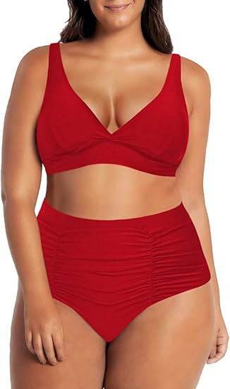 Pink Queen Women's Plus Size Swimwear High Waisted Swimsuits Ruched Tummy Control Bikini Set | Amazon (US)