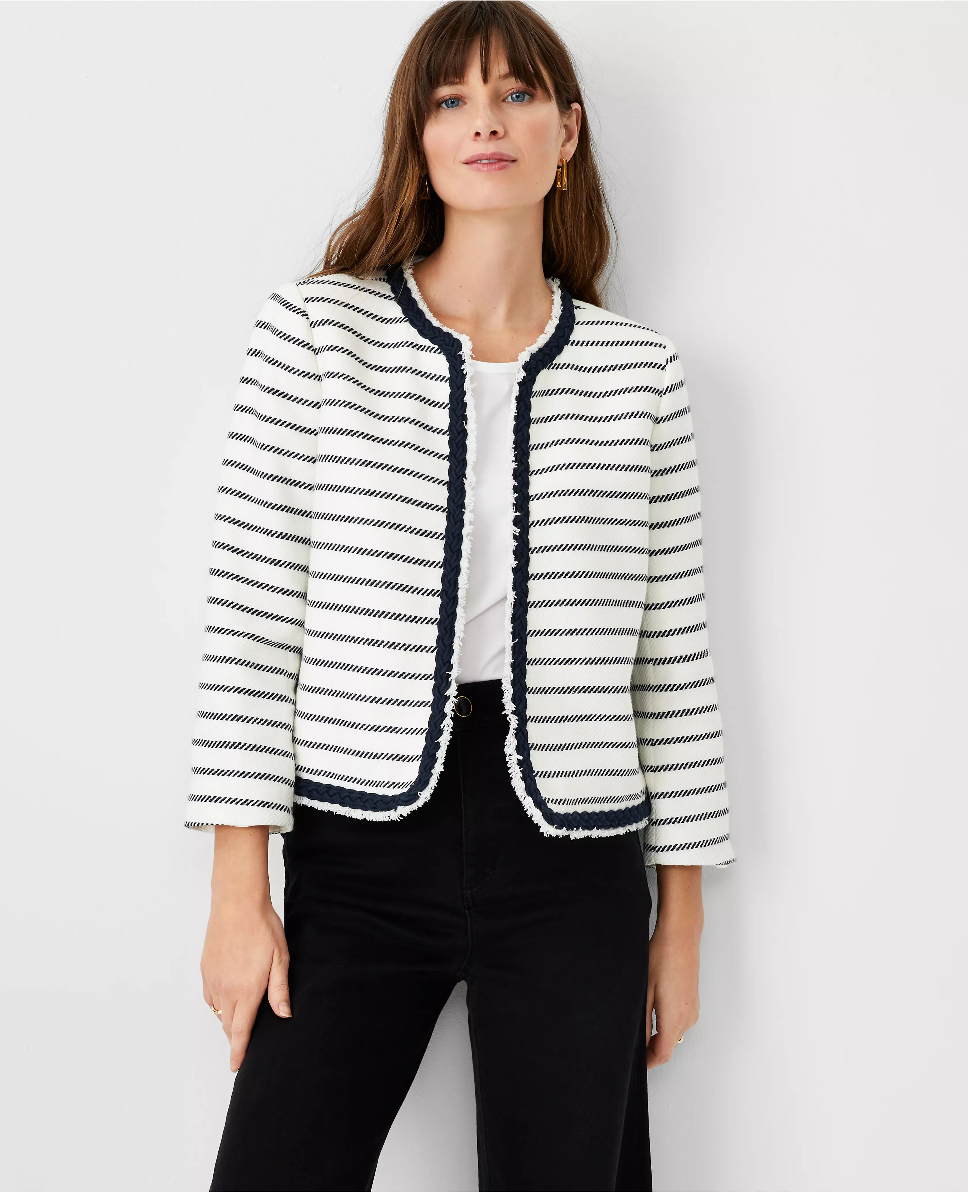 Stripe Braided Trim Cropped Tweed Jacket | Ann Taylor (US)