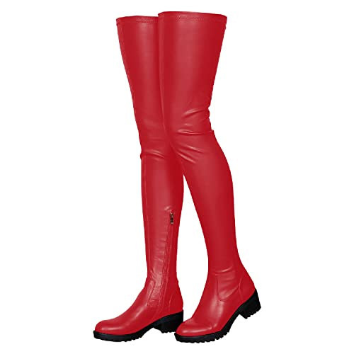 Knee High Boots Women Thigh High Over Knee Stretch Fashion Low Chunky Heel Round Toe Zipper Winter Boots Black Red US4.5-14, red, 39 | Amazon (US)