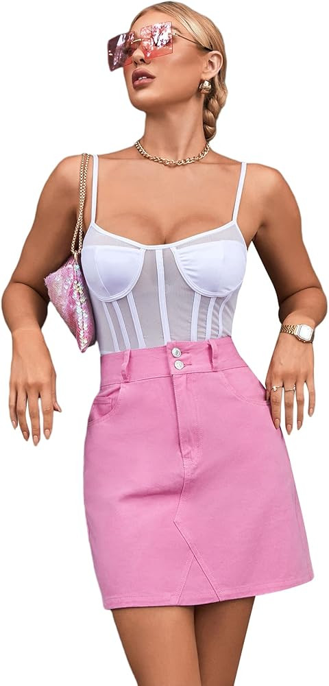 WDIRARA Women's High Rise Button Zipper Slant Pockets Straight Denim Mini Skirts | Amazon (US)