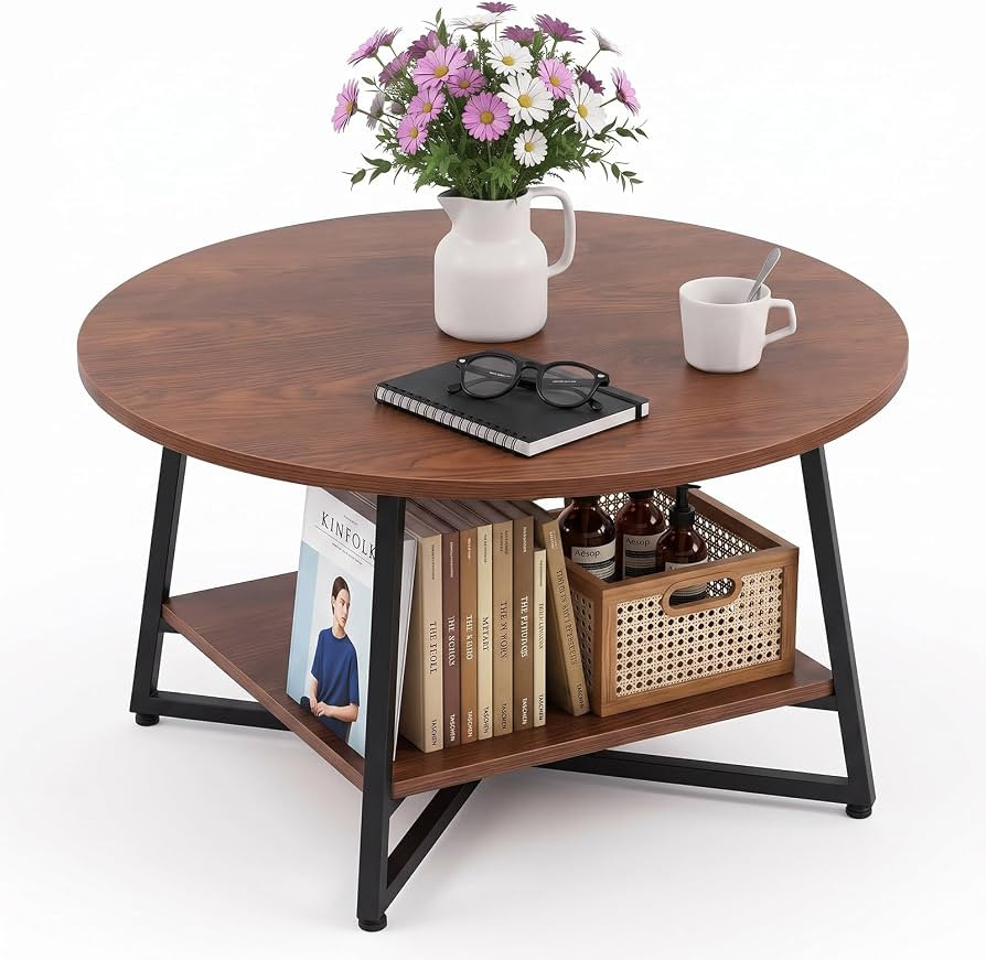 YANPU Round Coffee Table, 2-Tier Wood Coffee Table with Storage Shelf, Modern Circle Wood Desktop... | Amazon (US)