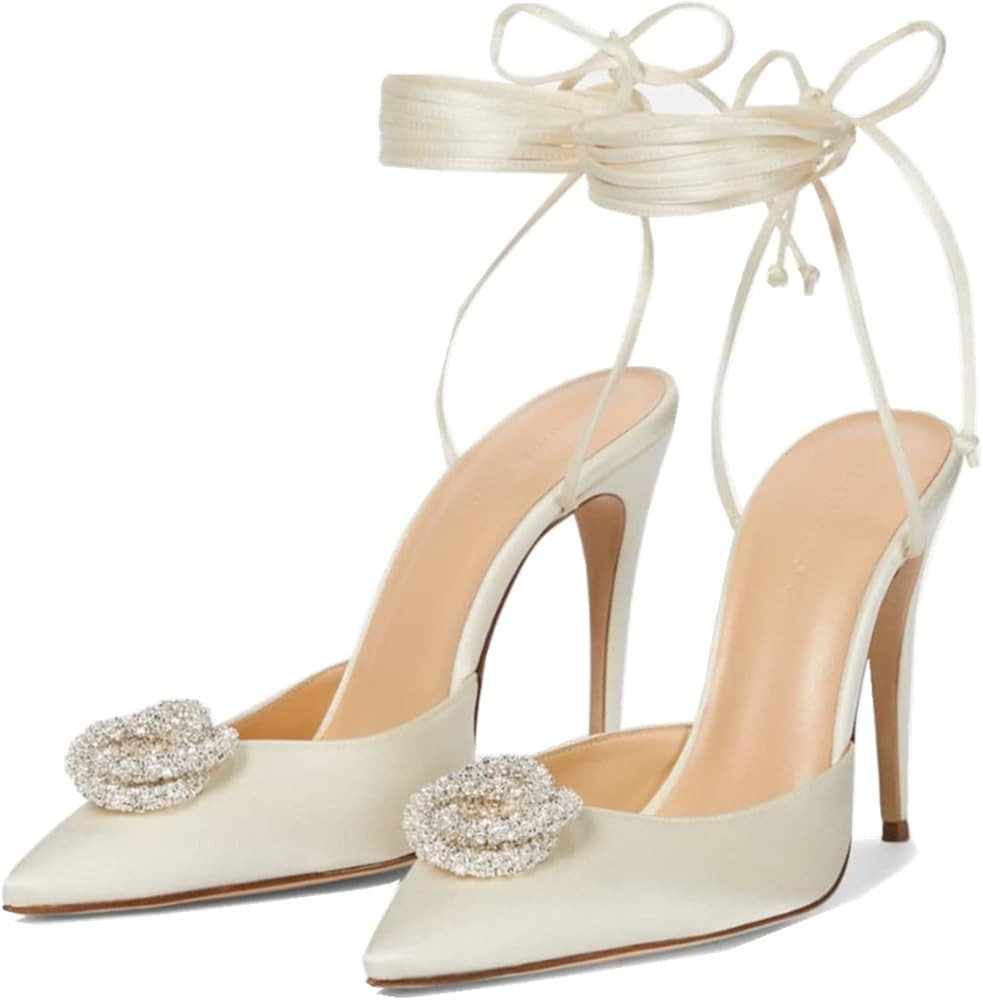 Vertundy Women's Lace Up Pumps Crystal Stiletto Heels Satin Sandals Pointed Toe Dressy Party Wedd... | Amazon (US)