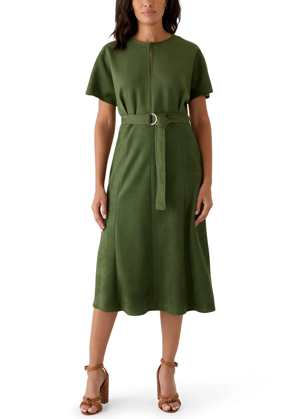 Women's Short Sleeve Suede Belted Fit and Flare Dress | Belk