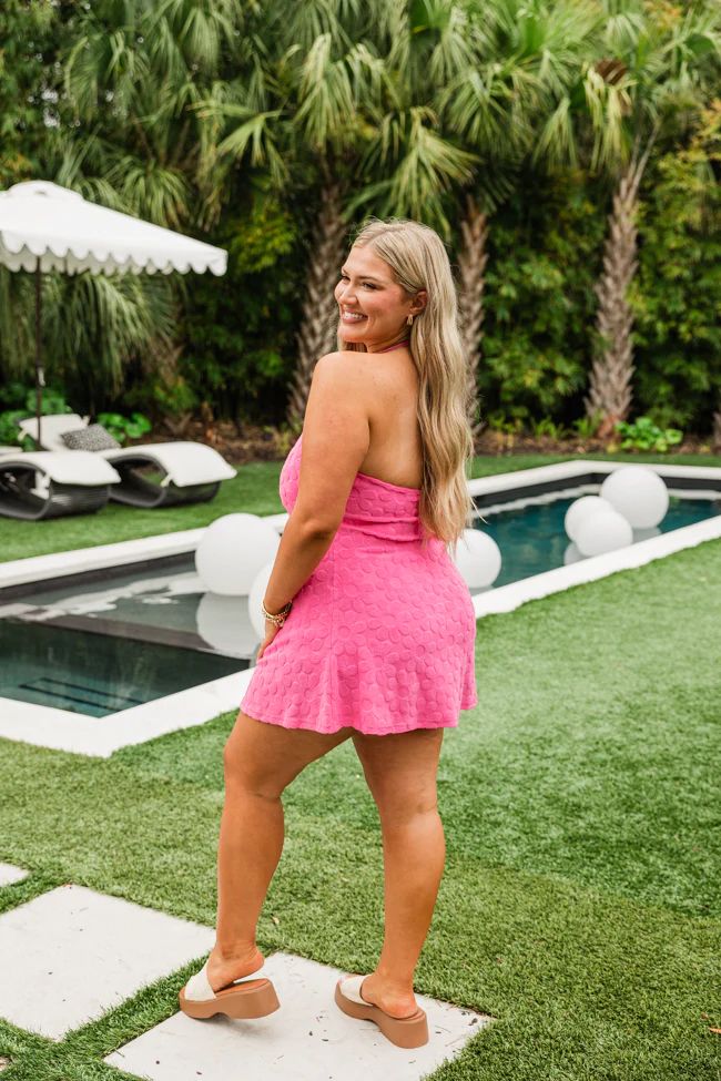 Reese Hot Pink Halter Floral Terrycloth Dress | Pink Lily