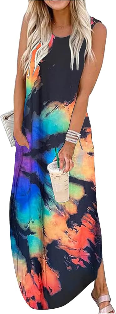 Women's Summer Beach Long Dress Sleeveless Maxi Dress with Pockets Hawaiian Beach Rainbow Graphic... | Amazon (US)